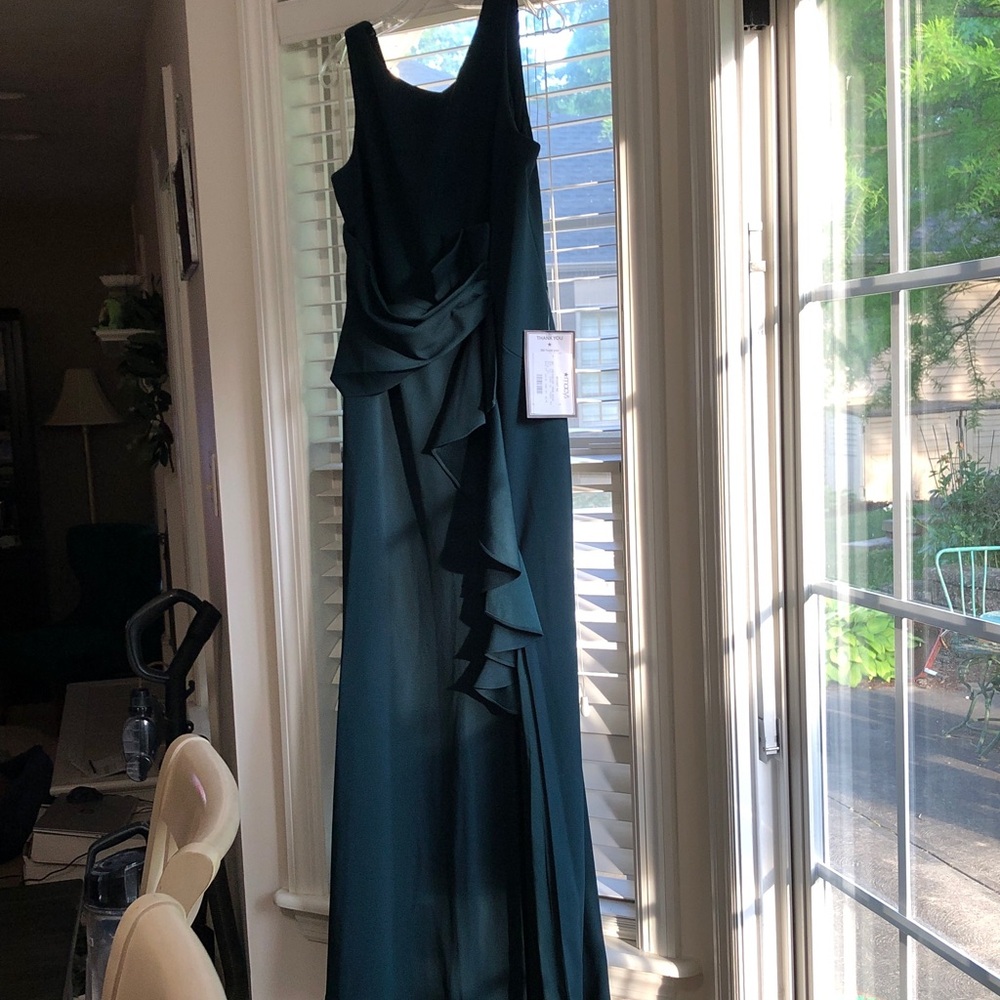 Betsy & Adam Dark Green Sleeveless Long Gown with Cascade Ruffle